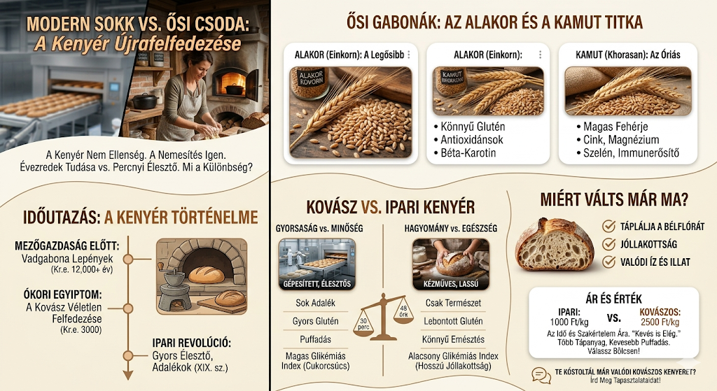 Modern sokk vs. ősi csoda – a kenyér újrafelfedezése: ősi gabonák (alakor, kamut), kovász vs. ipari kenyér, és ár-érték összefoglaló infografika